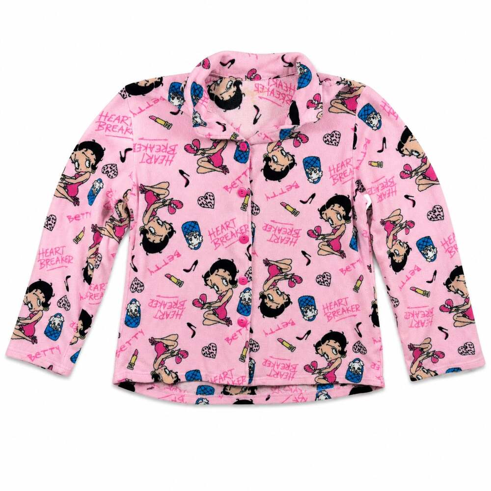 Vintage Y2K Betty Boop Pink Fleece 'Heartbreaker' Button-Up Pajama Top